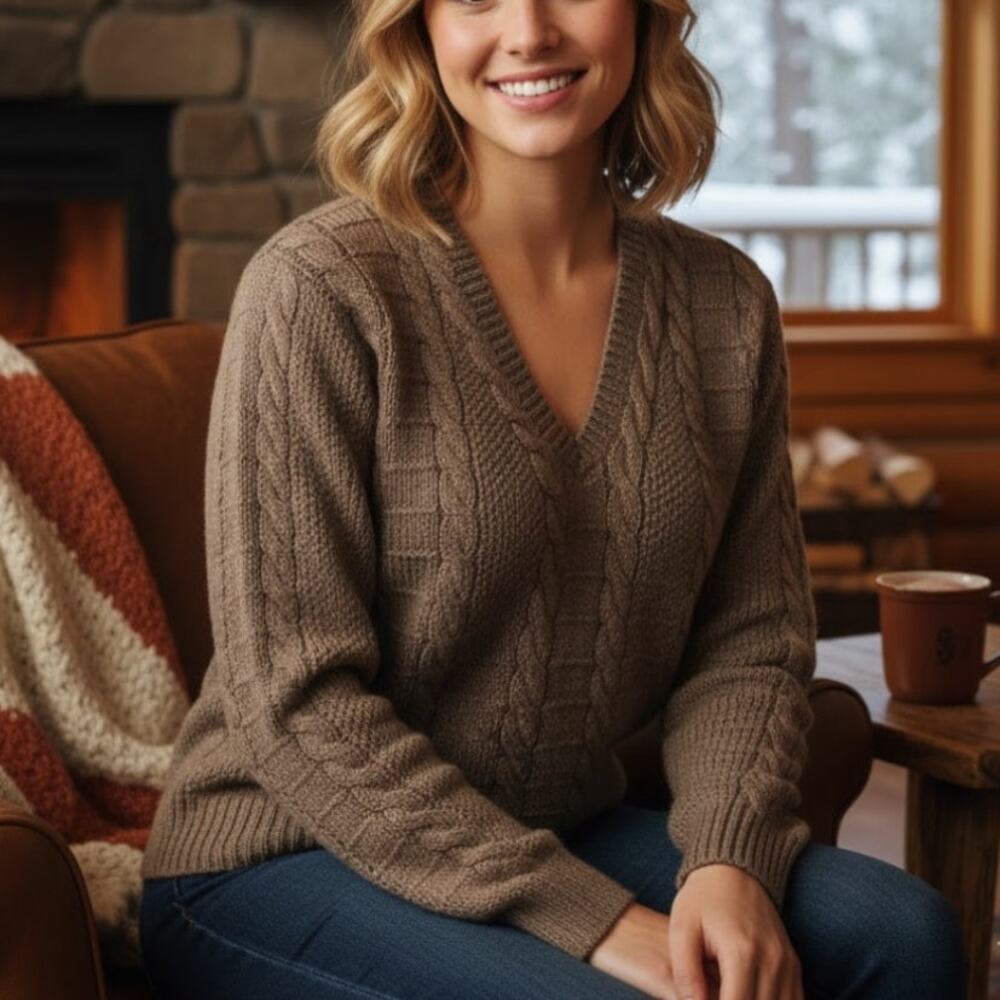 Brooks Brothers Chunky Cable Knit Sweater 100% Wool Taupe V Neck Women S Vintage